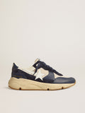 Golden Goose Running Sole in Rete Crema e Pelle Blu con Stella in Pelle Bianca