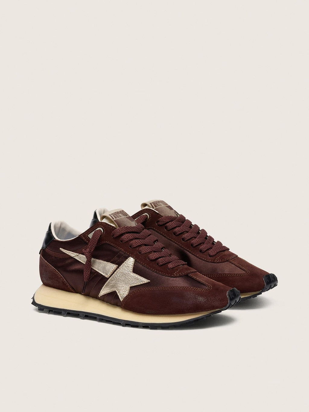 Golden Goose Marathon Uomo con Tomaia in Satin Color Marrone e Stella in Pelle Platino