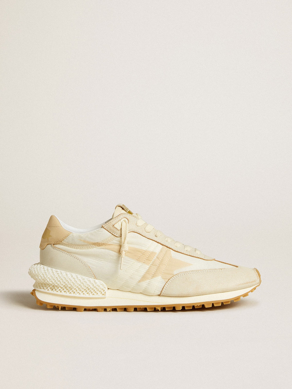 Golden Goose Marathon Uomo in Nylon Beige e Pelle Grigia con Stella Stampata Beige