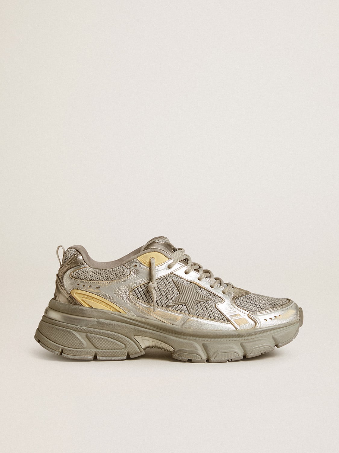 Golden Goose Lightstar Uomo in Pelle Laminata e Mesh Argento e Stella Grigia