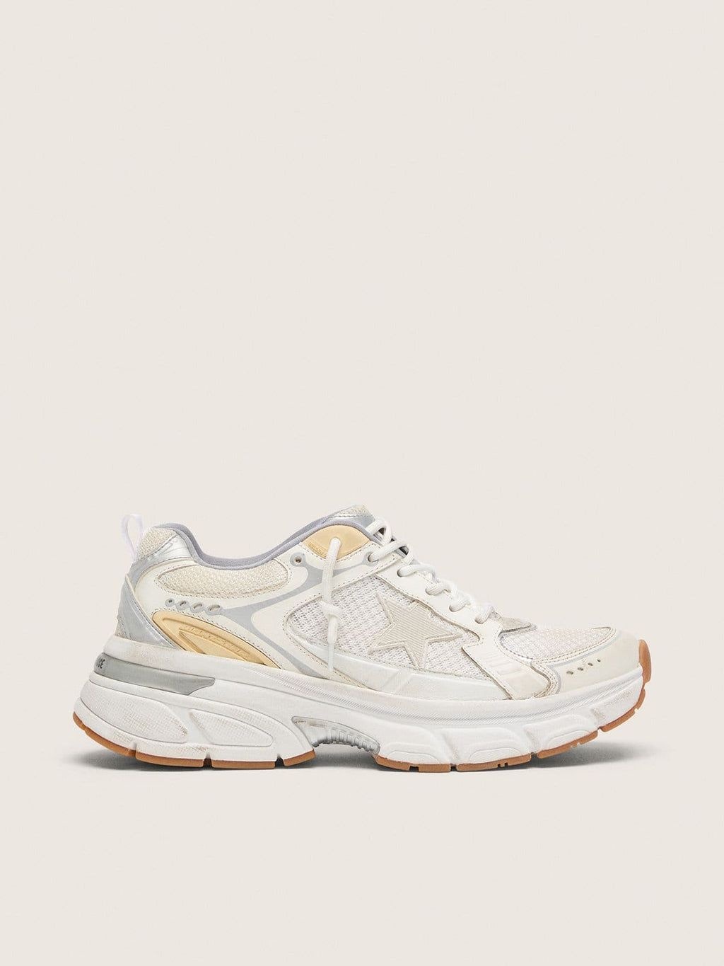 Golden Goose Lightstar Uomo in Pelle e Mesh Bianchi e Stella Bianco Vissuto