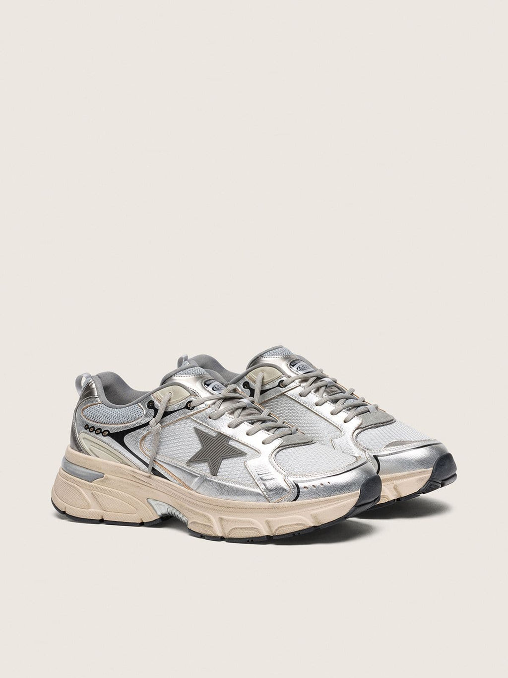 Golden Goose Lightstar Uomo in Mesh Grigio e Nappa Argento con Stella in Tpu Grigio