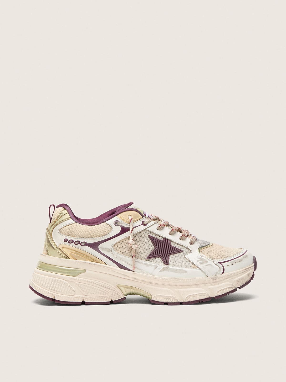 Golden Goose Lightstar Uomo Cny in Mesh e Pelle Bianca con Stella in Tpu Rosso Vino
