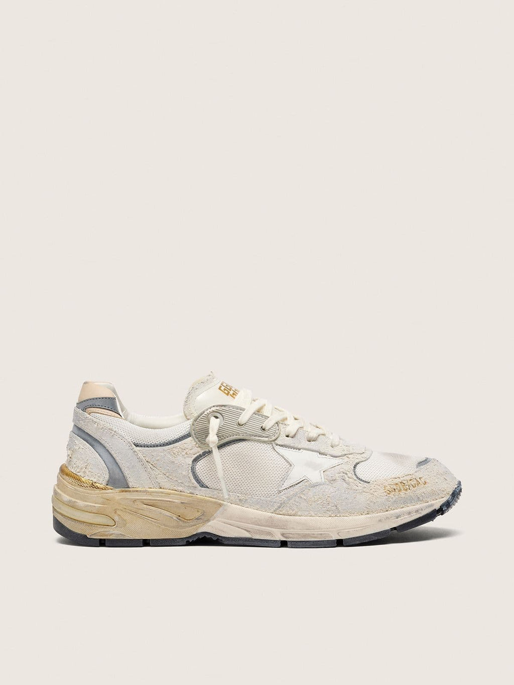 Golden Goose Dad Star Uomo in Suede e Rete con Stella in Pelle Bianca e Talloncino in Pelle Beige