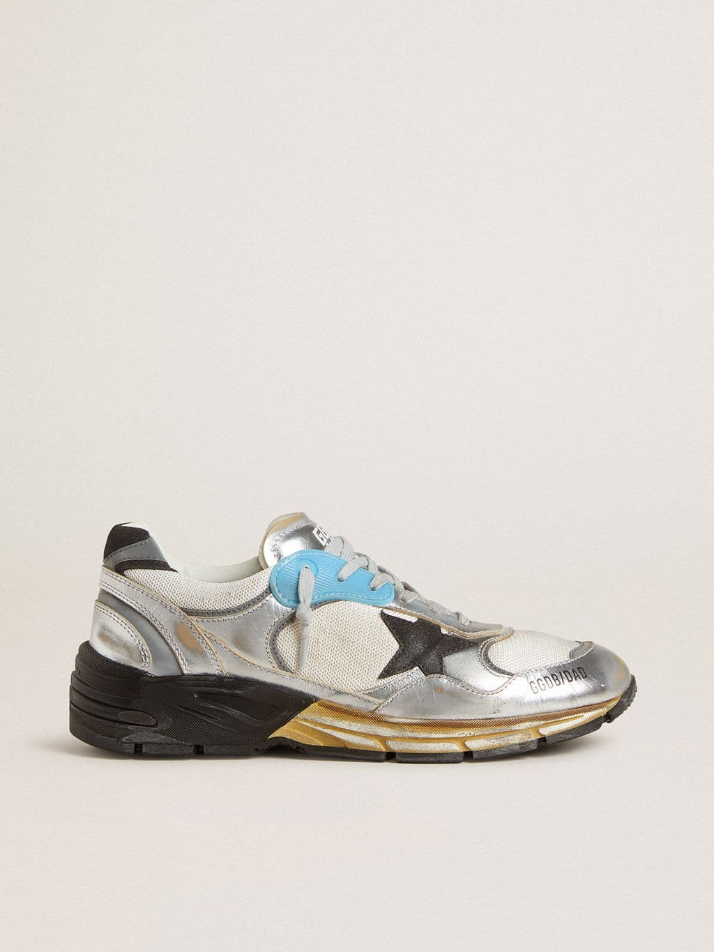 Golden Goose Dad Star Uomo in Rete e Pelle Laminata Argento con Stella in Pelle Nera