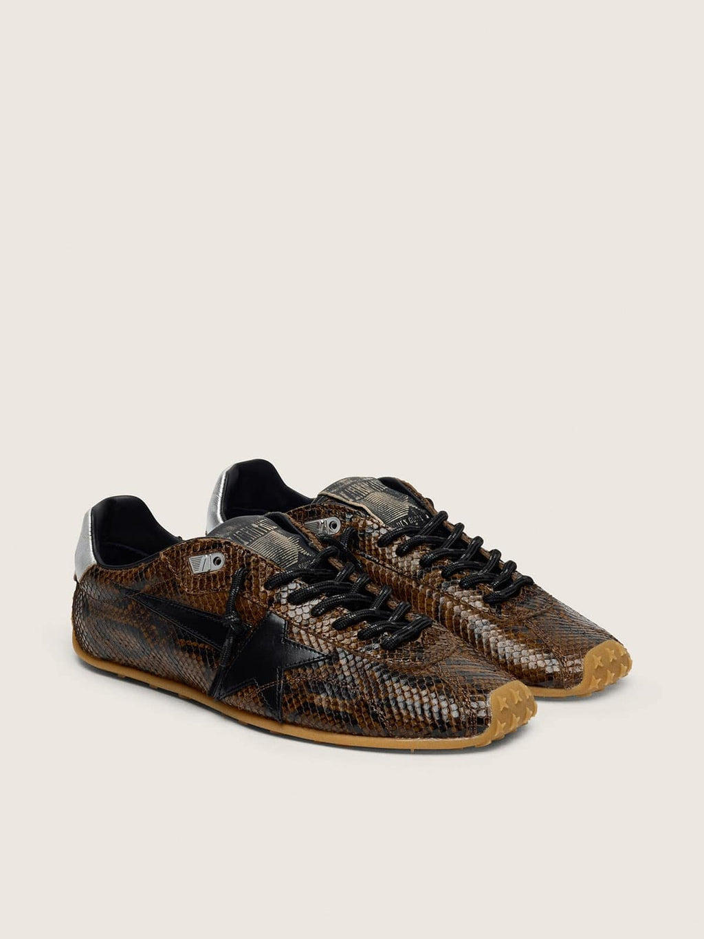 Golden Goose Marathon Speed Uomo in Pelle con Stampa Pitonata Marrone con Stella Nera e Talloncino in Pelle Argento