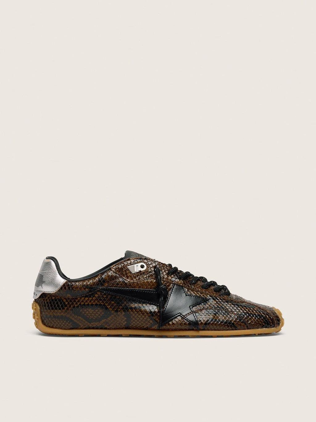 Golden Goose Marathon Speed Uomo in Pelle con Stampa Pitonata Marrone con Stella Nera e Talloncino in Pelle Argento