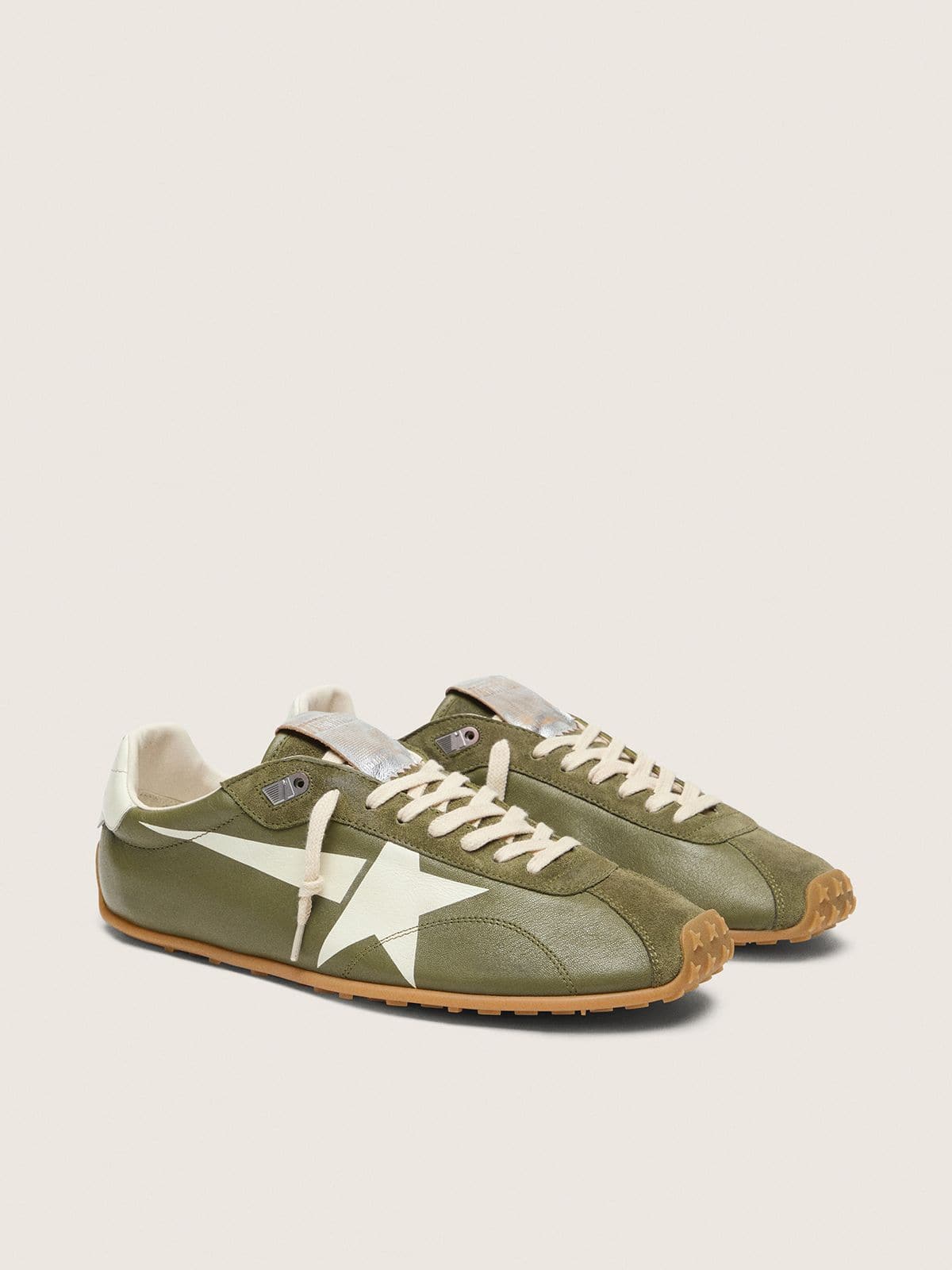 Golden Goose Marathon Speed Uomo in Pelle Verde Oliva con Stella Crema