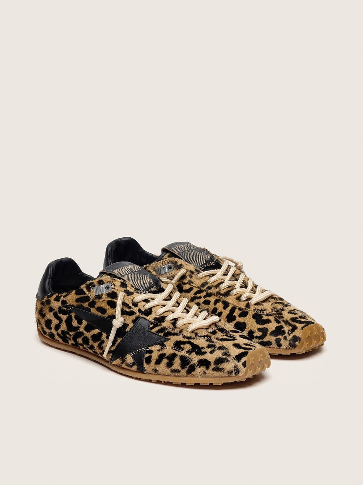 Golden Goose Marathon Speed Uomo in Cavallino con Stampa Leopardata Beige e Nera e Stella in Pelle Nera