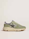 Golden Goose Running Sole Uomo in Nylon e Suede Verde Salvia con Stella Nera Stampata