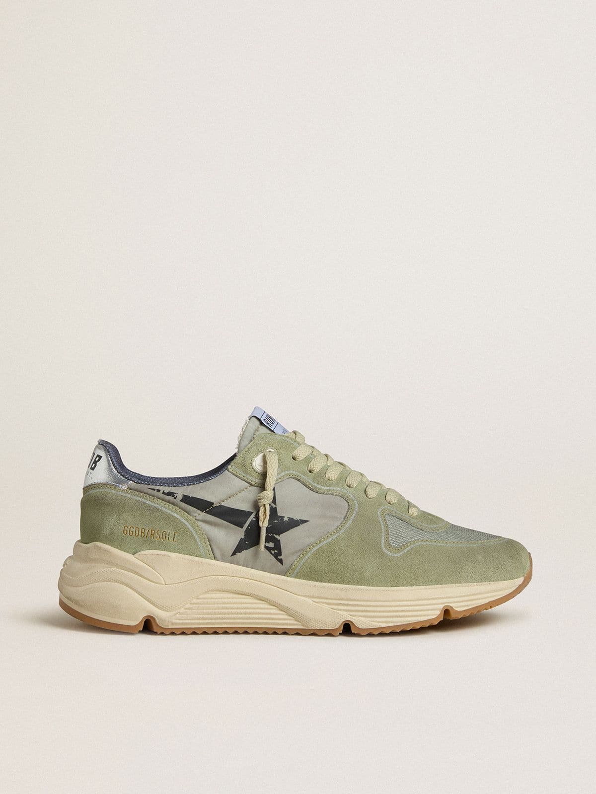 Golden Goose Running Sole Uomo in Nylon e Suede Verde Salvia con Stella Nera Stampata