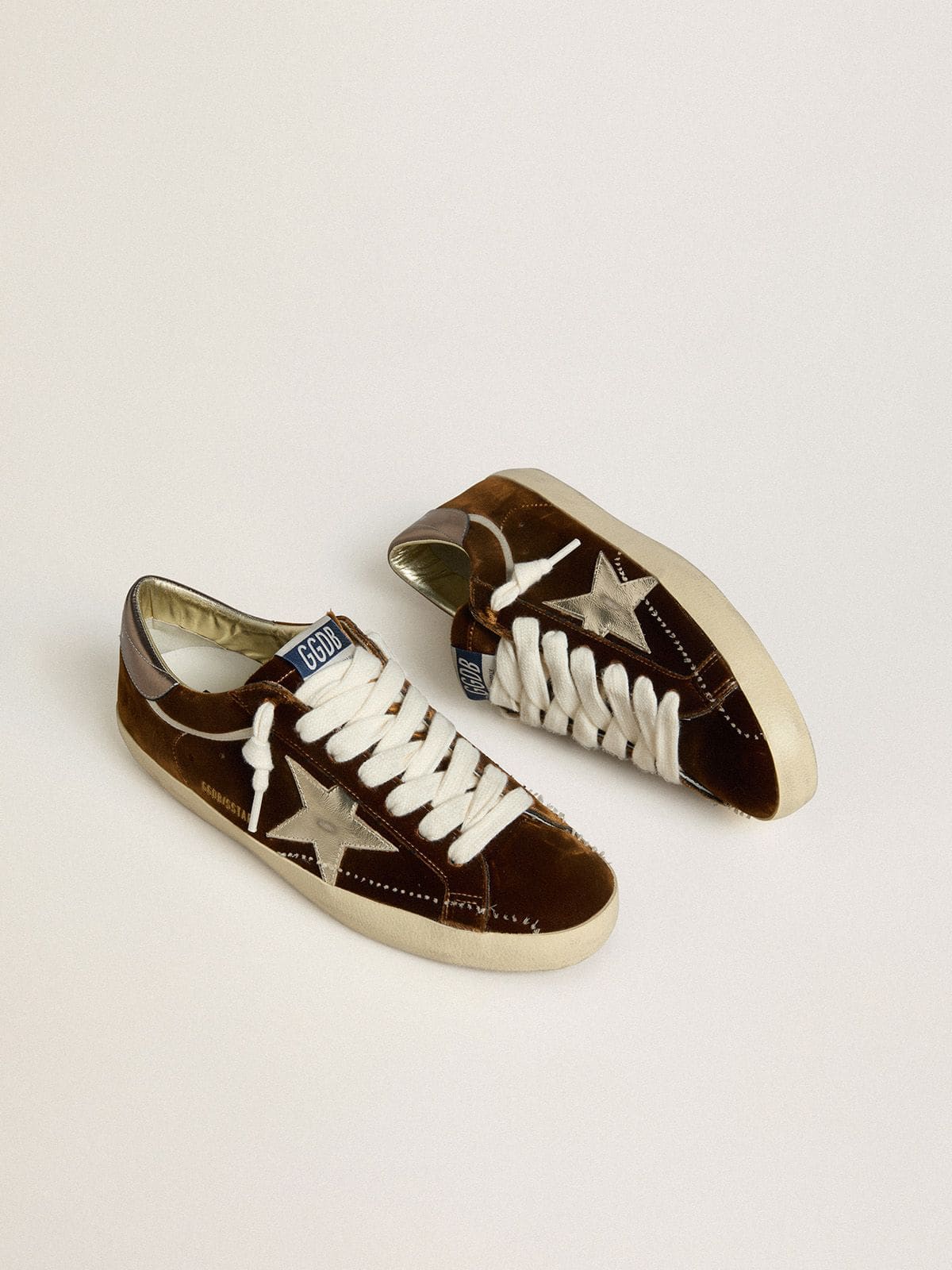 Golden Goose Super-Star Uomo in Velluto Cognac con Stella e Talloncino in Pelle Laminata