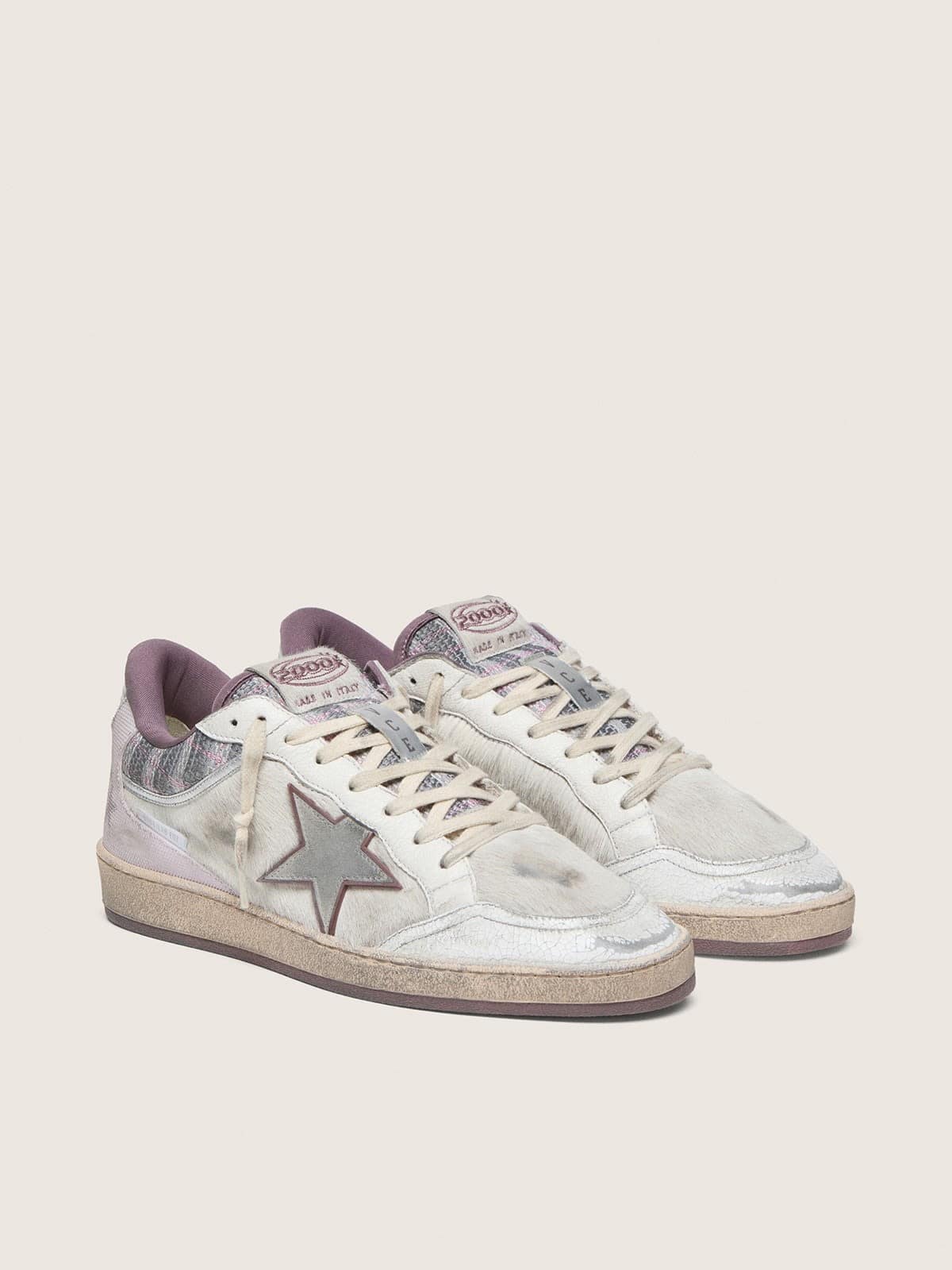Golden Goose Ball Star Lab Uomo in Nylon e Cavallino Bianco con Stella Argento e Inserti Lilla