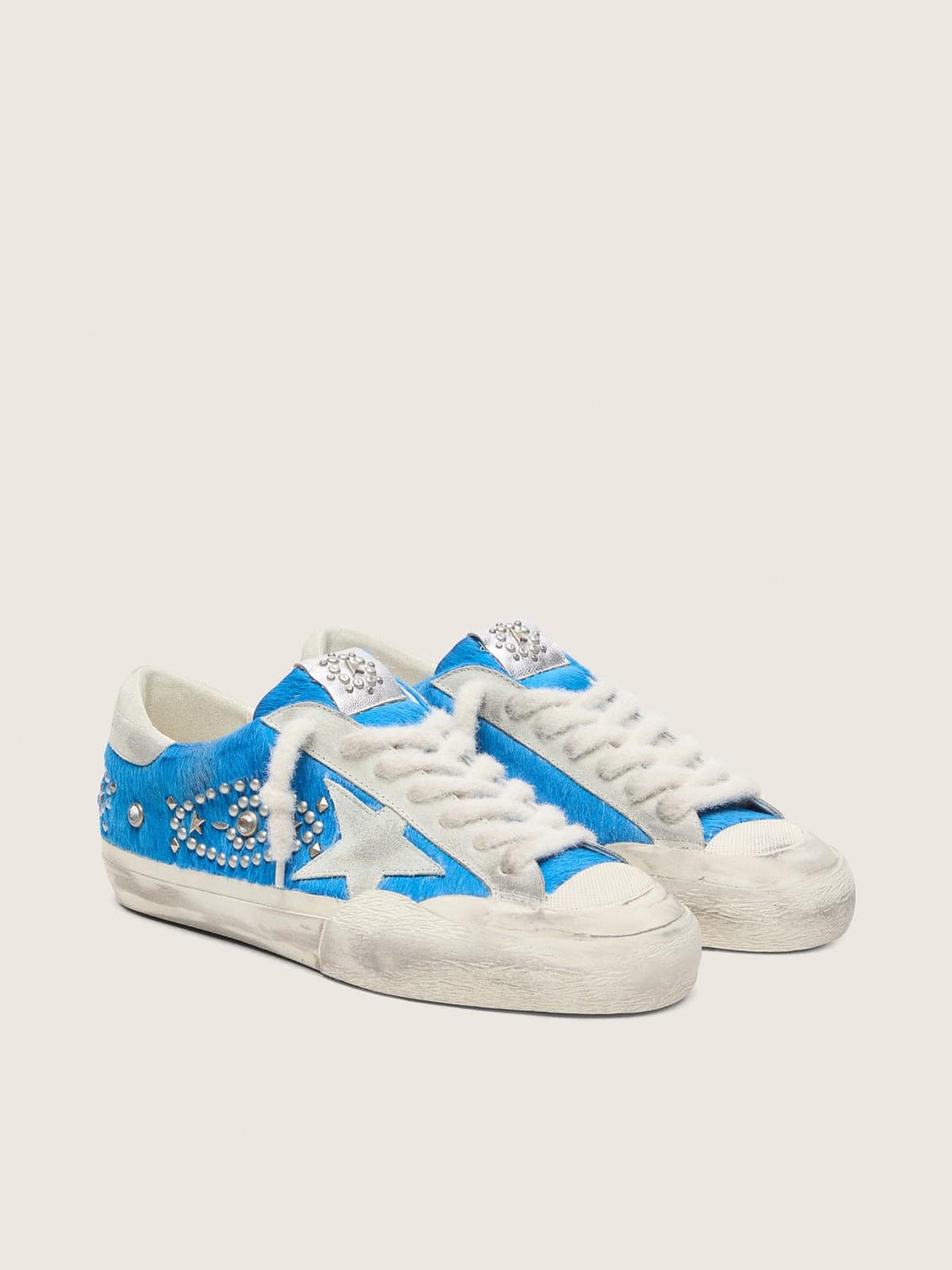 Golden Goose Super-Star Uomo Lab in Cavallino Bluette con Stella Suede e Borchie