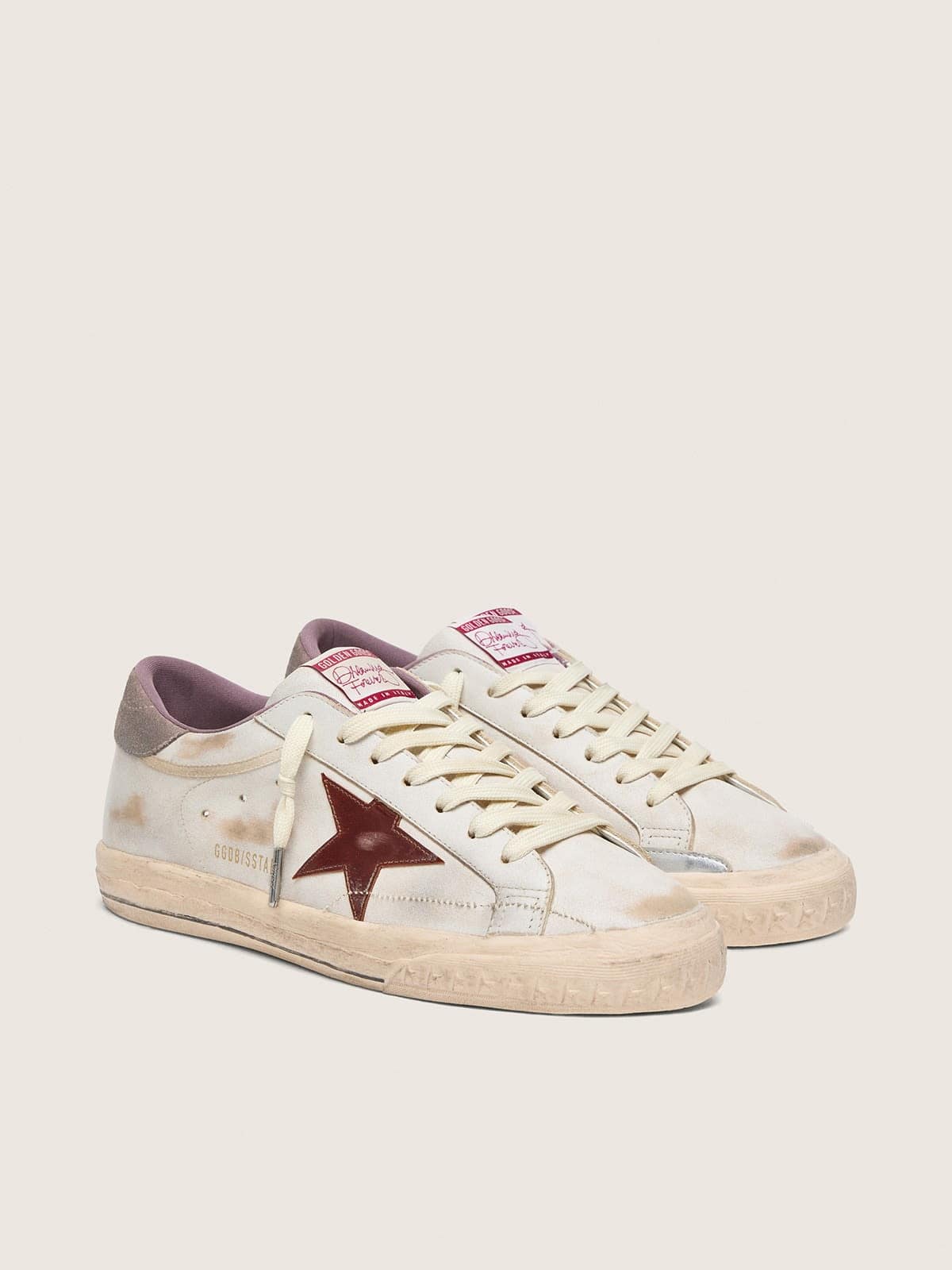 Golden Goose Super-Star Uomo in Pelle Bianca con Stella in Pelle Laminata Bordeaux
