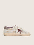 Golden Goose Super-Star Uomo in Pelle Bianca con Stella in Pelle Laminata Bordeaux