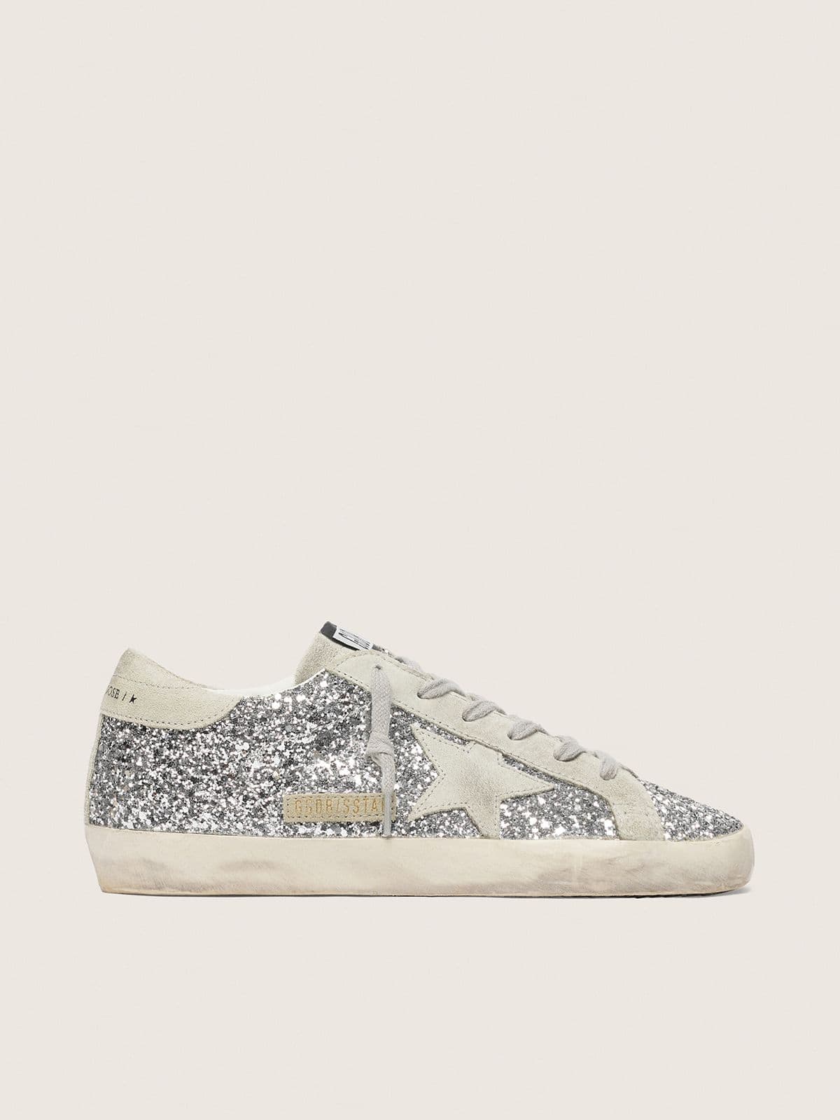 Golden Goose Super-Star Donna in Glitter Argento con Stella in Suede Grigio Ghiaccio