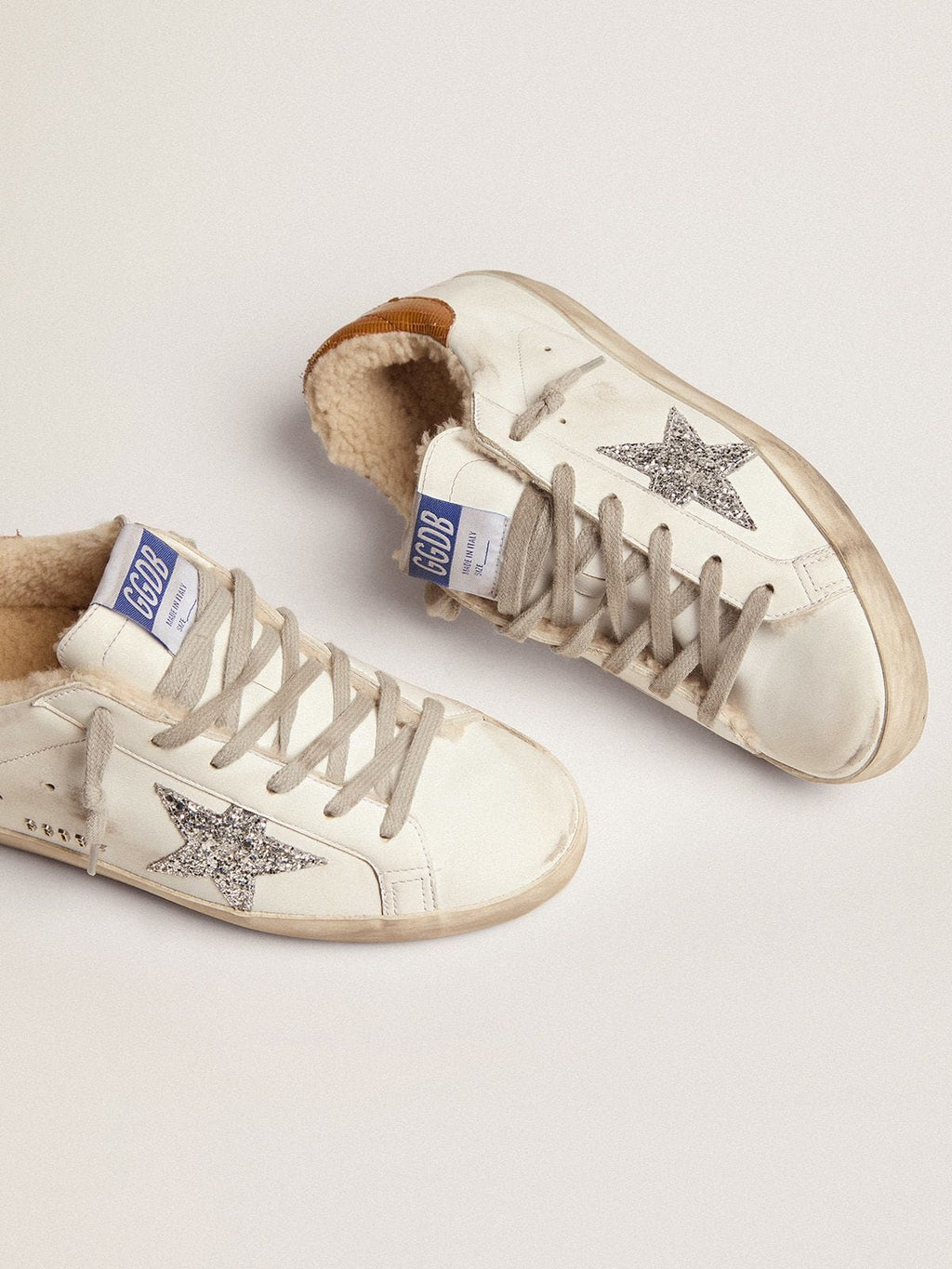 Golden Goose Super-Star Donna Foderate in Shearling con Stella in Glitter Argento