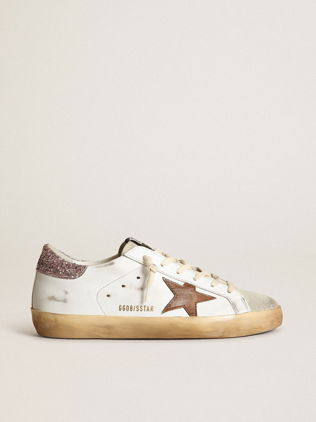 Golden Goose Super-Star con Stella Color Cuoio e Talloncino in Glitter Rosa