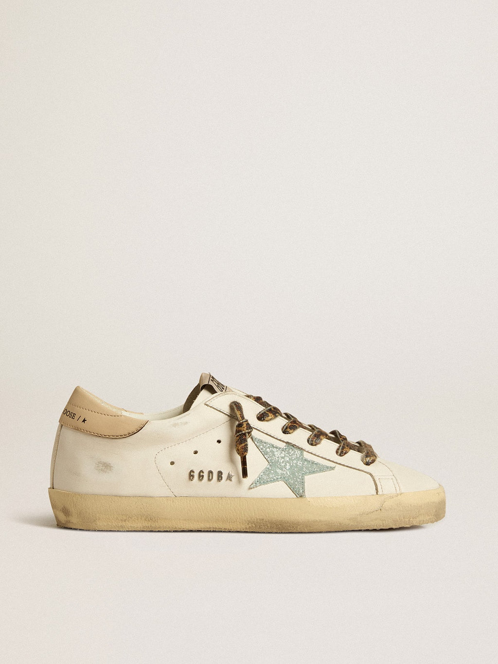 Golden Goose Super-Star Donna con Stella in Glitter Grigi e Talloncino in Pelle Color Nude