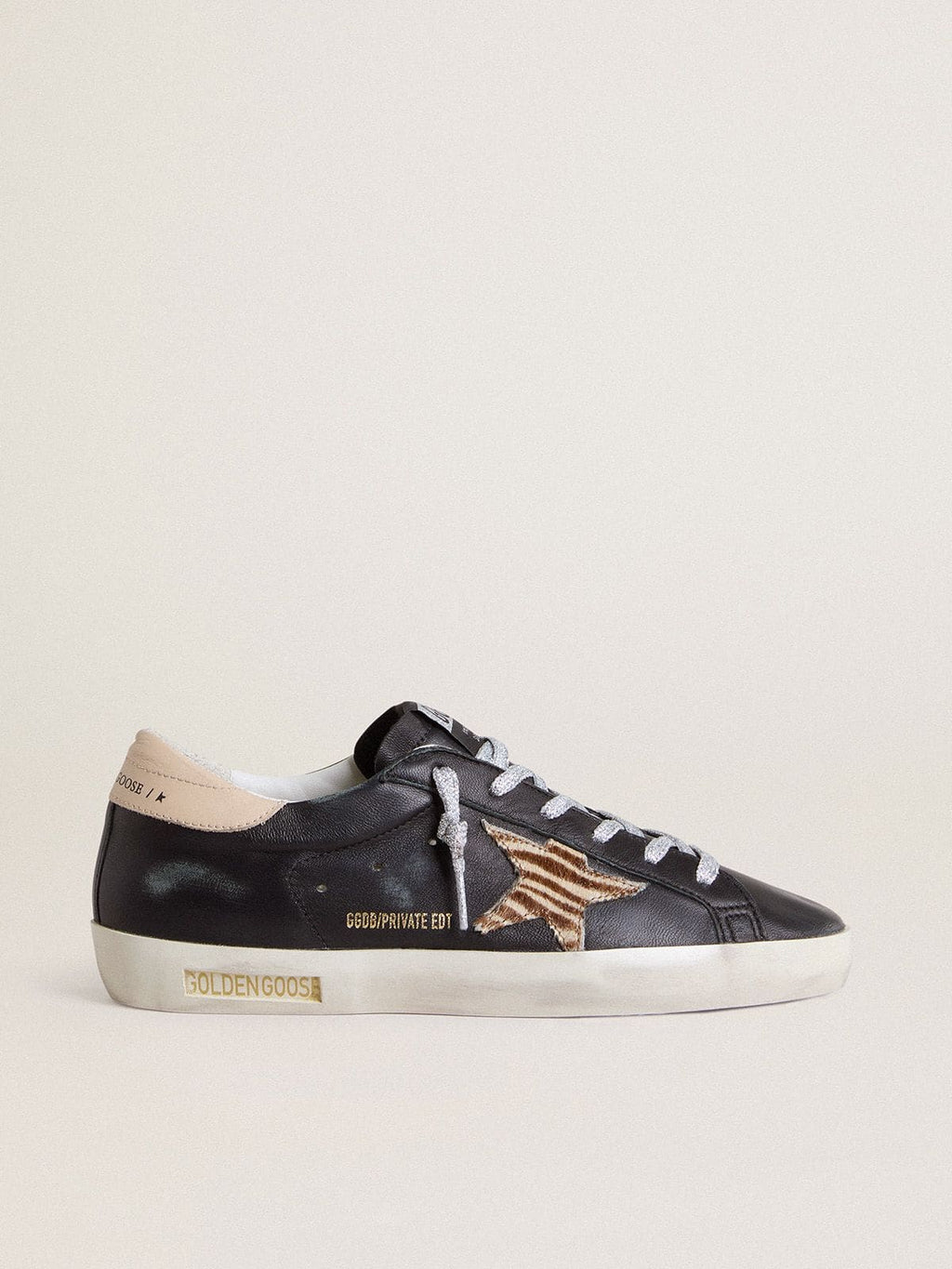 Golden Goose Super-Star Donna in Nappa Nera con Stella in Cavallino Zebrato e Talloncino in Pelle Beige