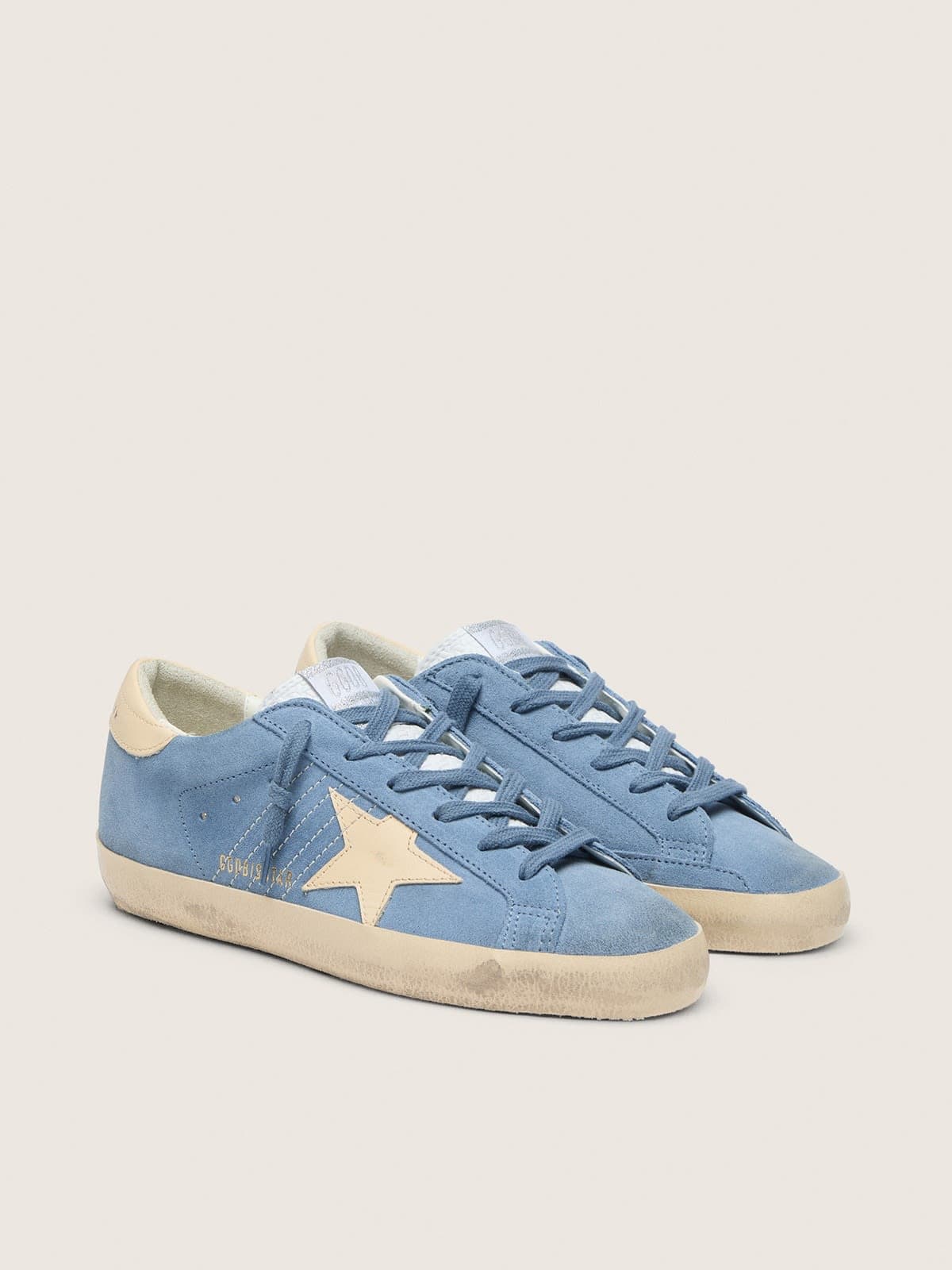 Golden Goose Super-Star in Suede Azzurro con Stella e Talloncino in Pelle Beige