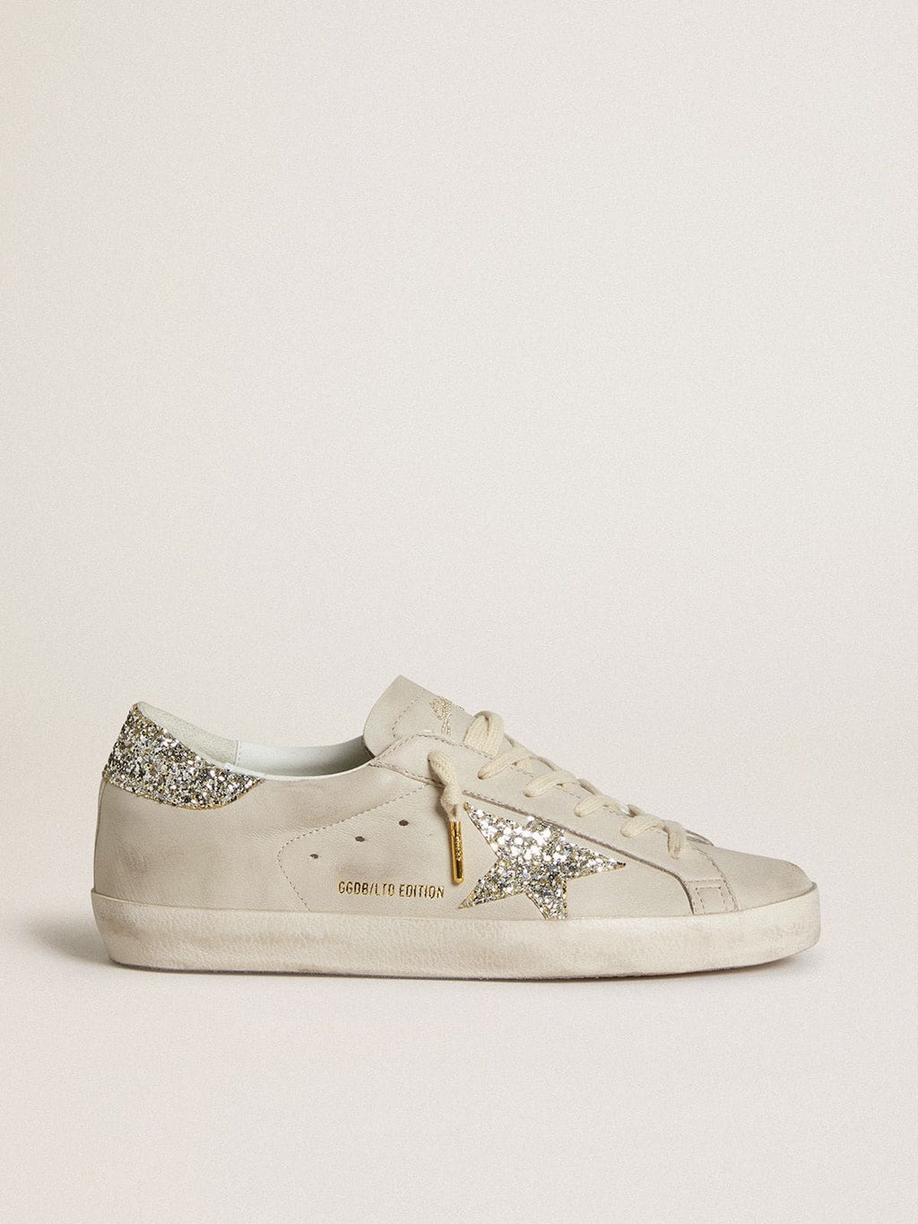 Golden Goose Super-Star Donna  in Nappa Avorio con Stella e Talloncino in Glitter Platino