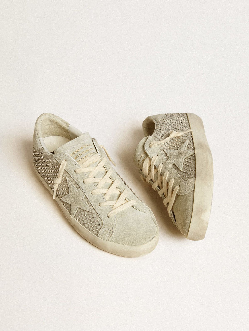 Golden Goose Super-Star Donna con Stella in Suede Grigio e Rete in Cristalli Swarovski