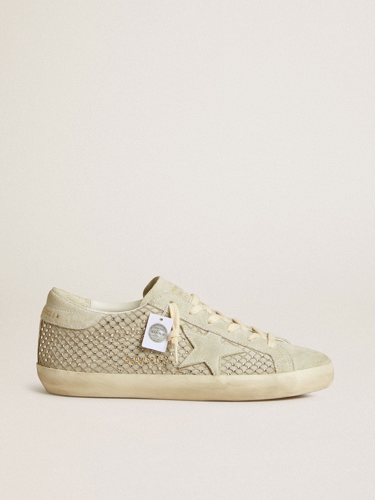 Golden Goose Super-Star Donna con Stella in Suede Grigio e Rete in Cristalli Swarovski