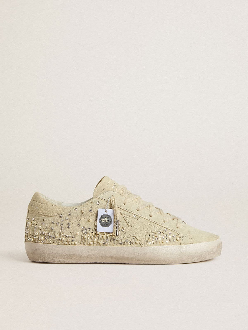 Golden Goose Super-Star Donna in Suede Beige con Perle e Cristalli Swarovski