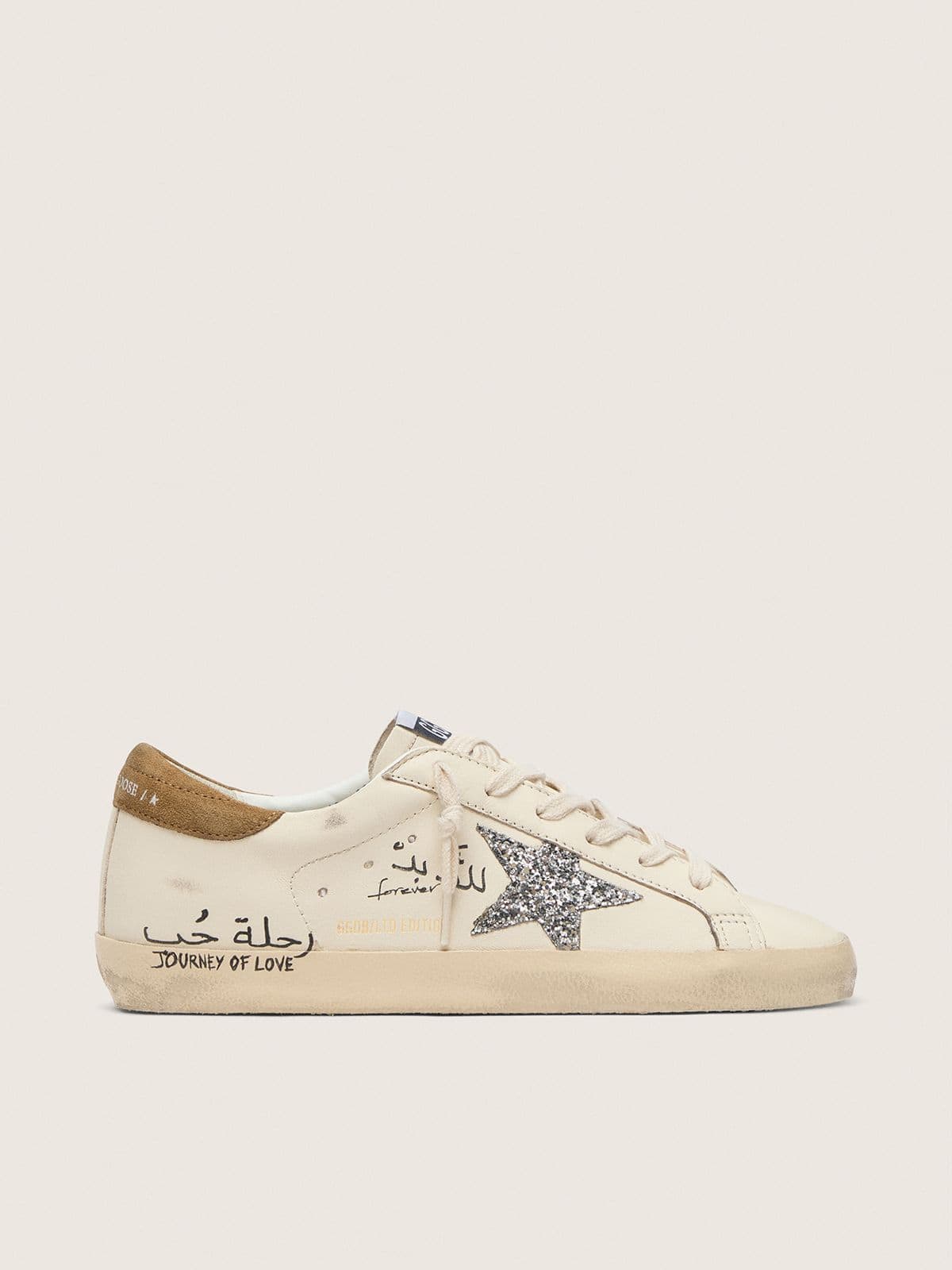 Golden Goose Super-Star Donna in Nappa con Stella in Glitter Argento e Scritte All Over