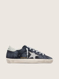 Golden Goose Super-Star Donna in Suede Blu con Stella in Glitter Argento e Talloncino in Pelle