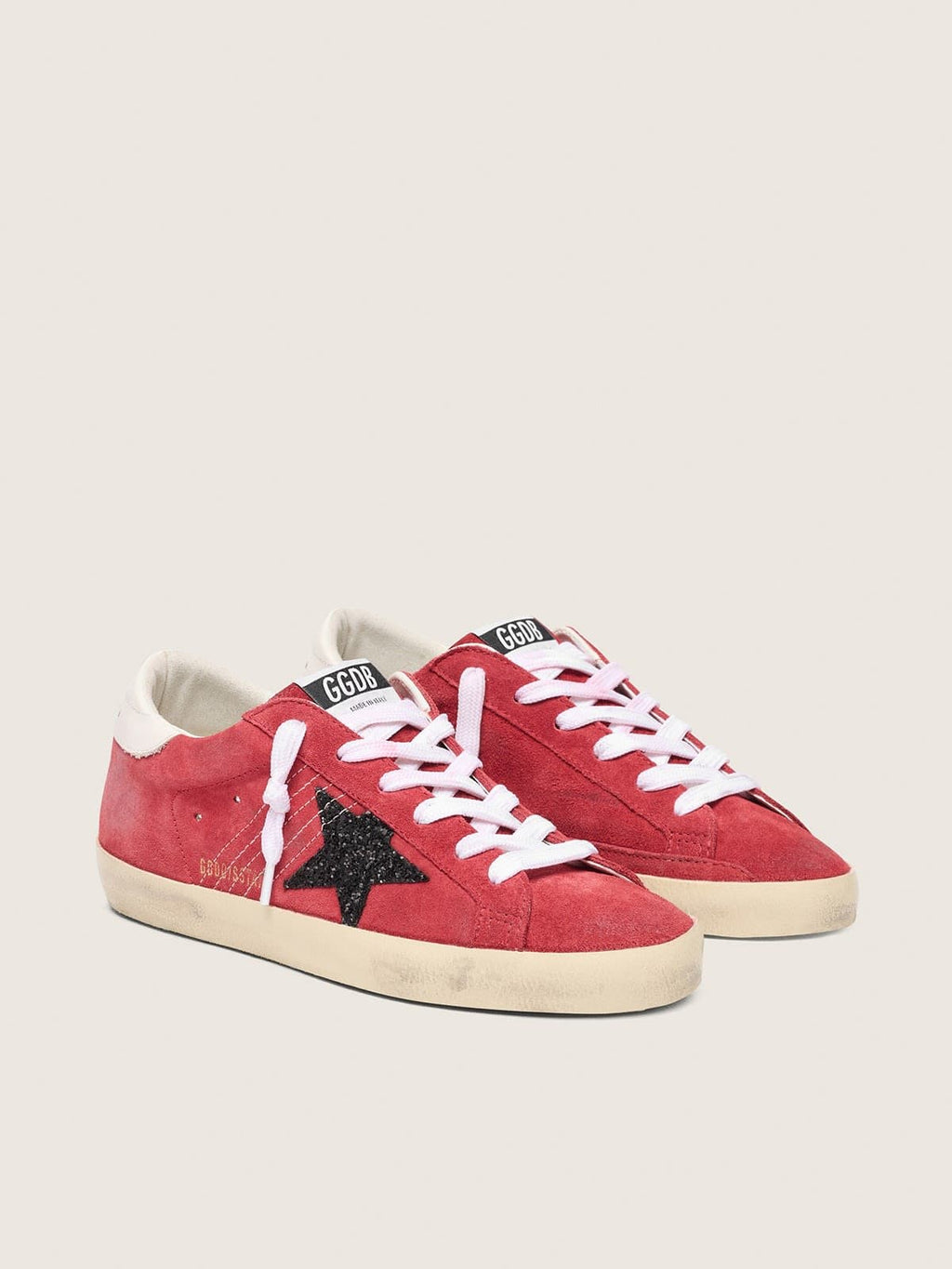 Golden Goose Super-Star Donna in Suede Rosso con Stella in Glitter e Talloncino Bianco