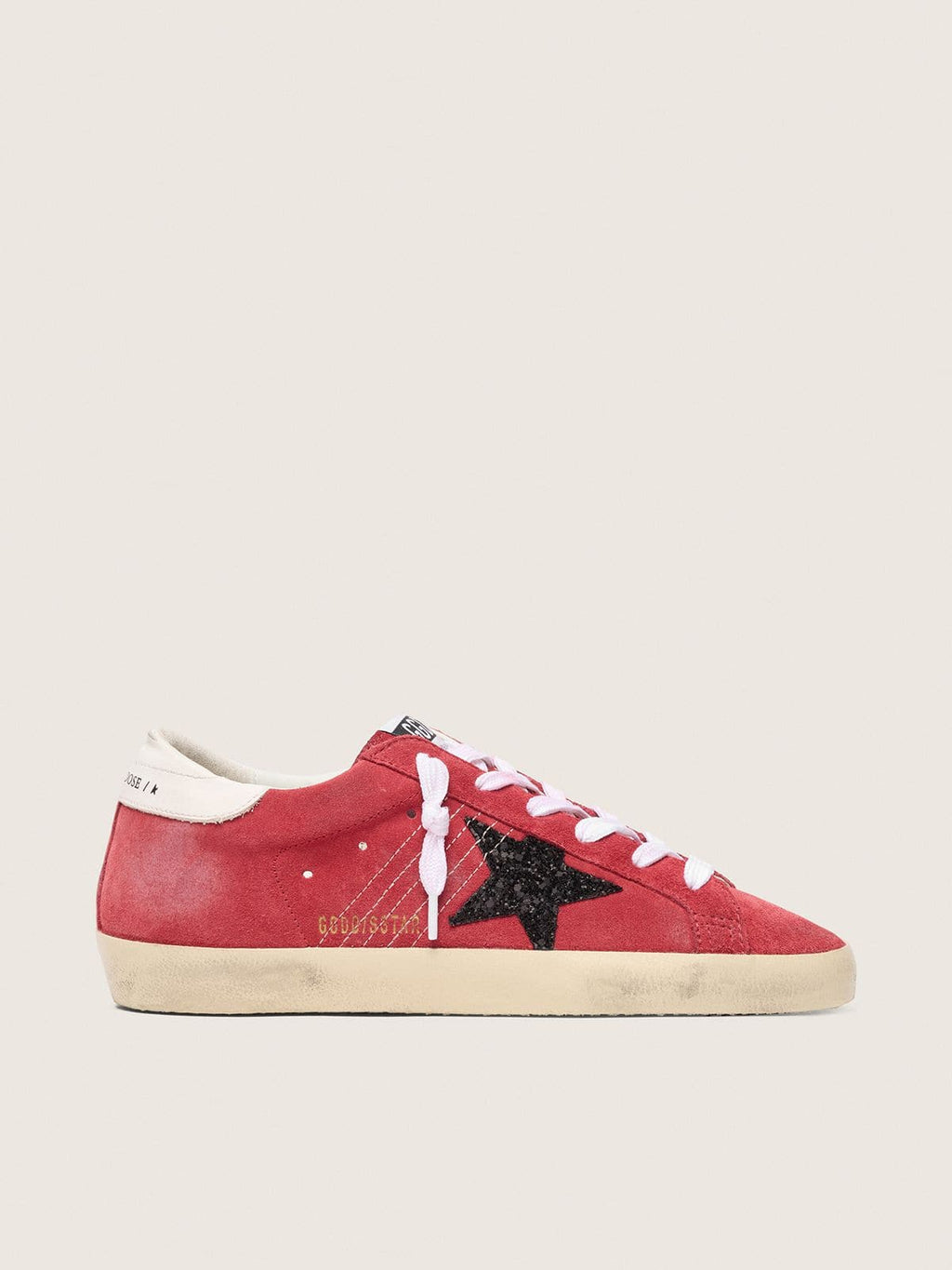 Golden Goose Super-Star Donna in Suede Rosso con Stella in Glitter e Talloncino Bianco