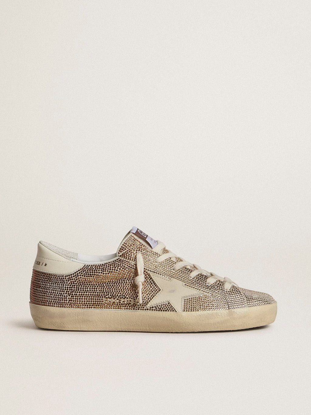 Golden Goose Super-Star in Suede Beige e Cristalli Multicolor con Stella e Talloncino in Pelle Color Panna