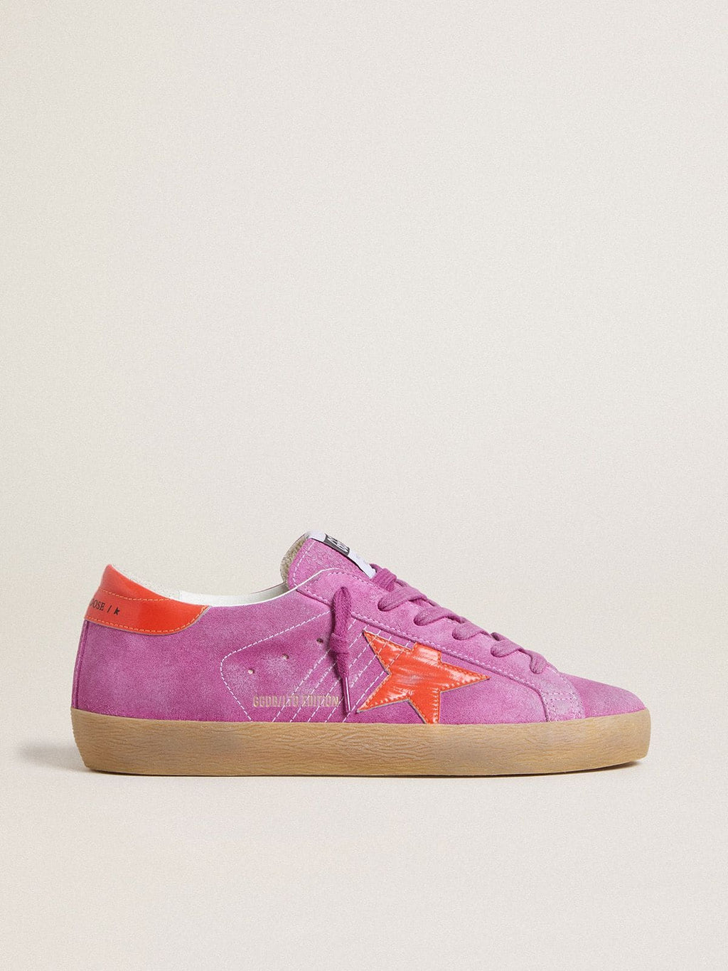 Golden Goose Super-Star Donna in Suede Fucsia con Stella e Talloncino in Pelle Laminata Arancio Fluo