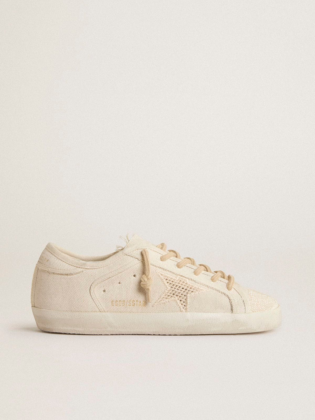 Golden Goose Super-Star in Canvas Color Perla con Stella Effetto Rete Ton Sur Ton