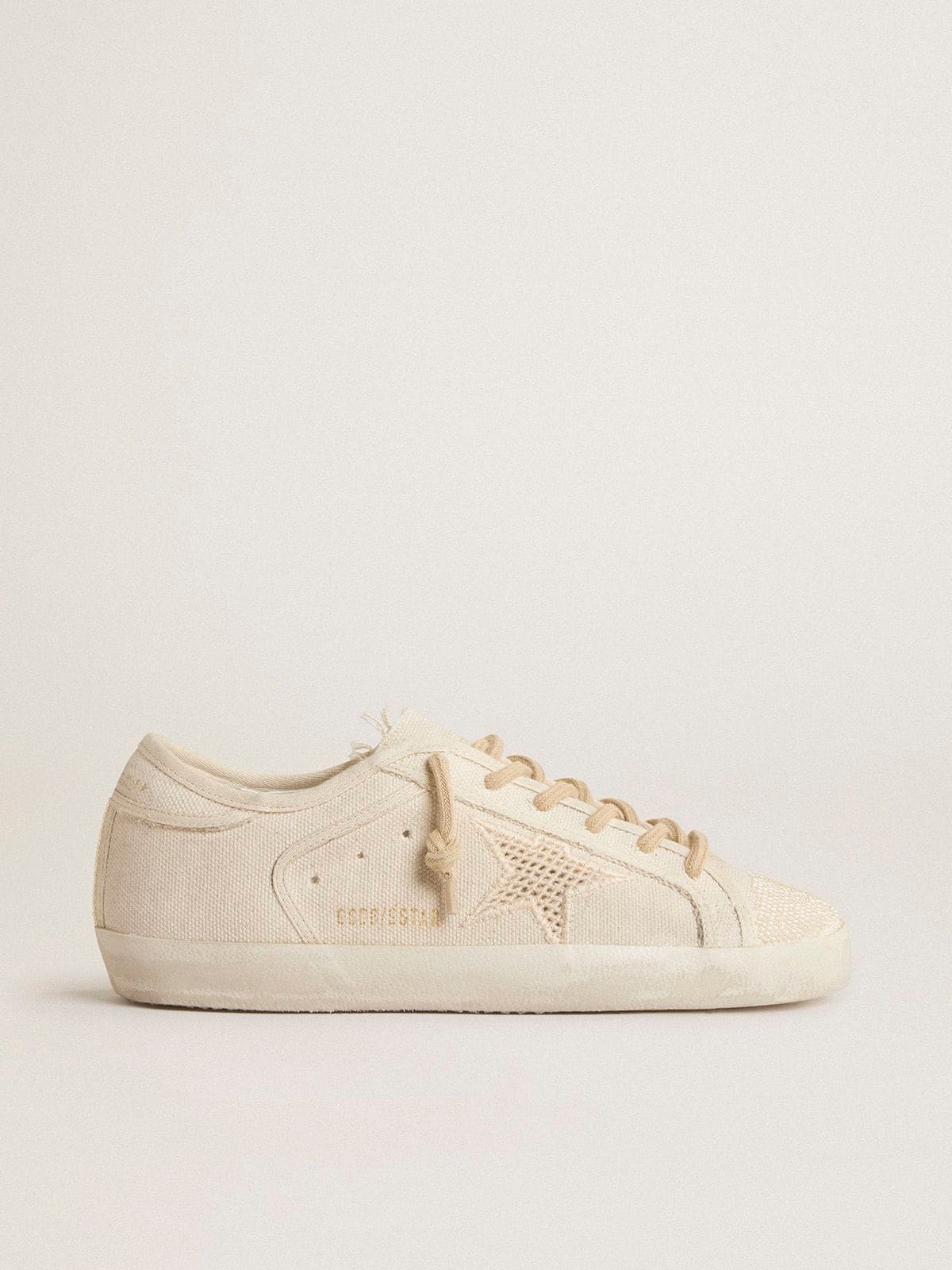 Golden Goose Super-Star in Canvas Color Perla con Stella Effetto Rete Ton Sur Ton
