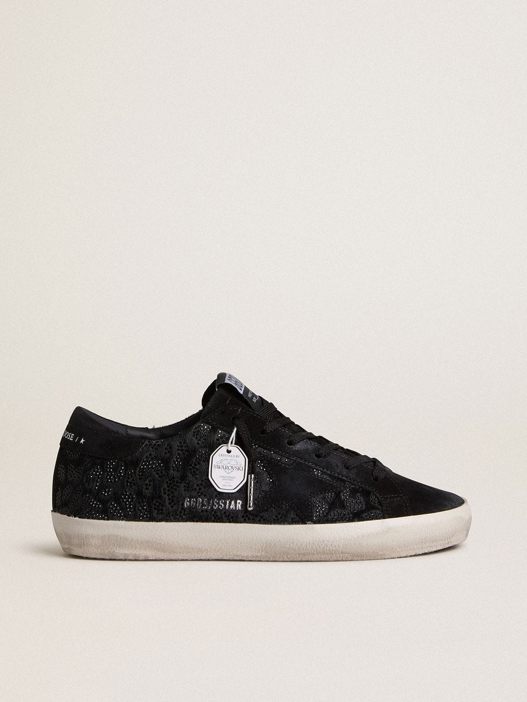 Golden Goose Super-Star Donna in Cavallino Nero con Cristalli Swarovski Neri e Stella in Suede Nero