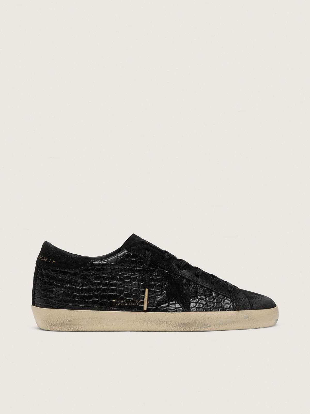 Golden Goose Super-Star Donna Ltd in Pelle Coccodrillo Nera con Stella e Talloncino in Suede Nero