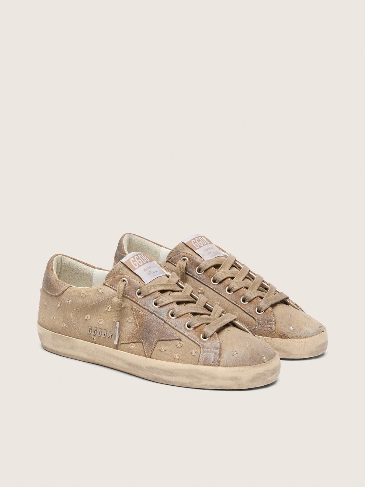 Golden Goose Super-Star Donna in Canvas Tabacco con Stella in Suede e Inserti con Cristalli