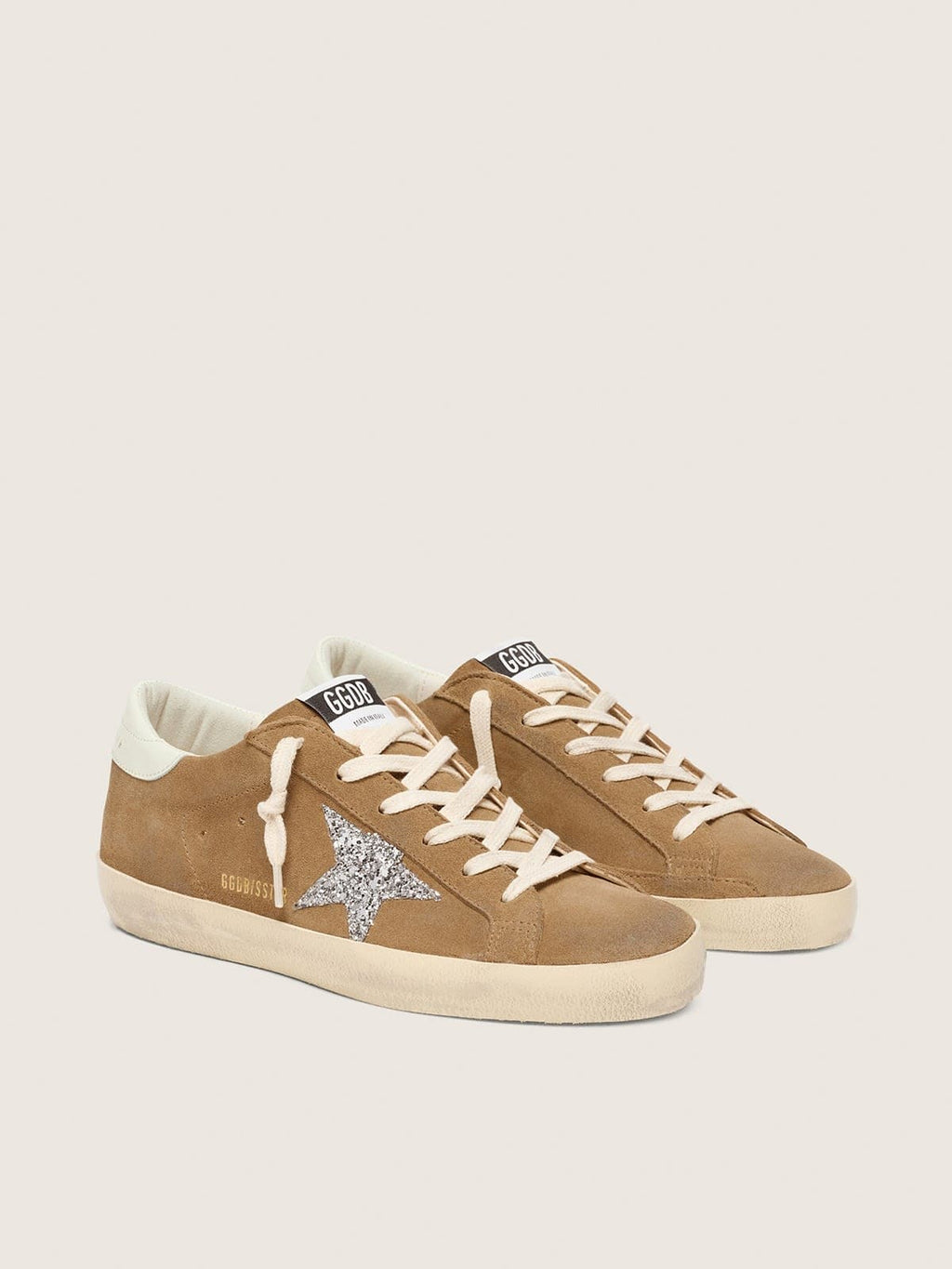 Golden Goose Super-Star Donna in Suede Tabacco con Stella Glitter Argento