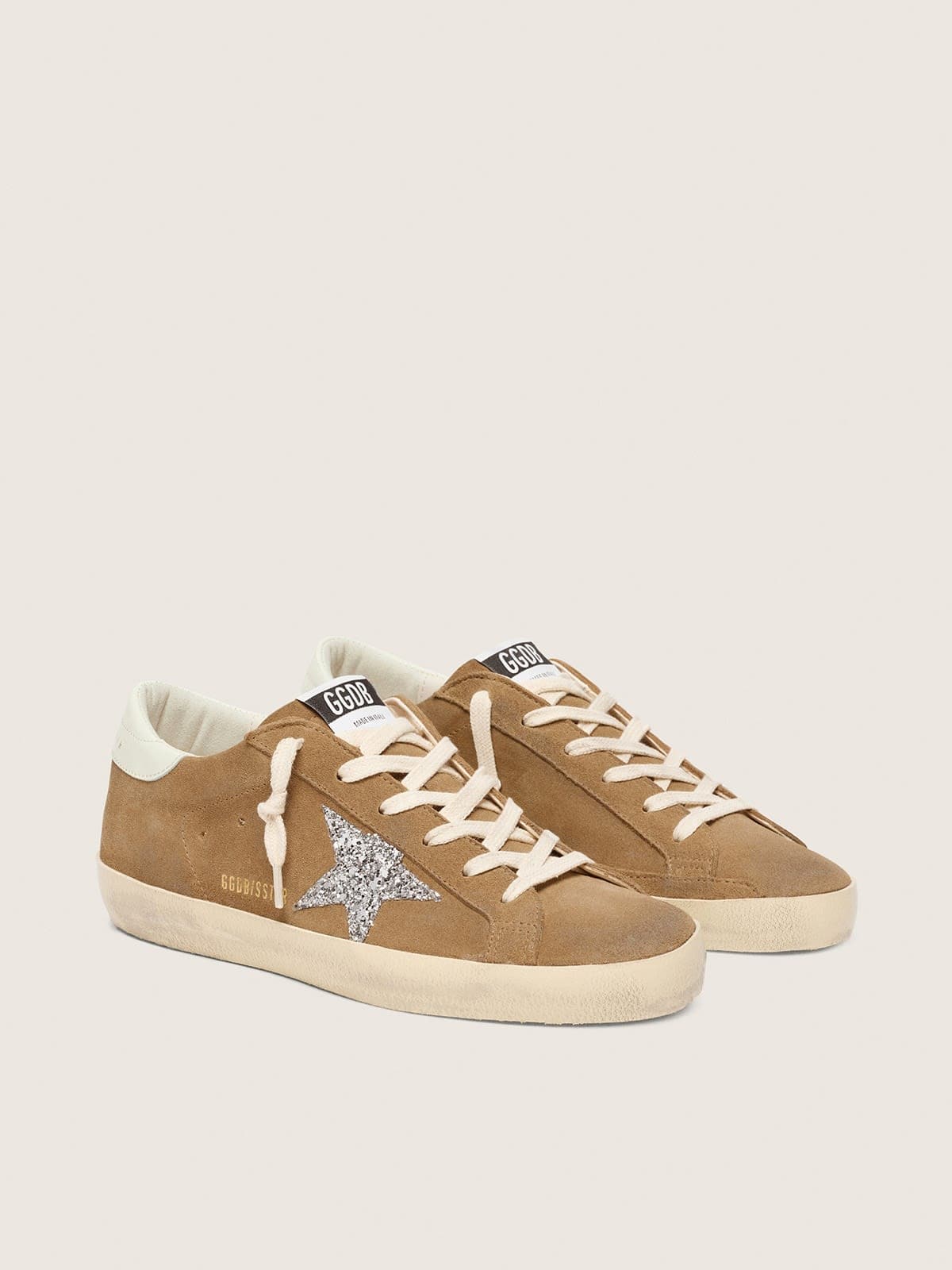 Golden Goose Super-Star Donna in Suede Tabacco con Stella Glitter Argento