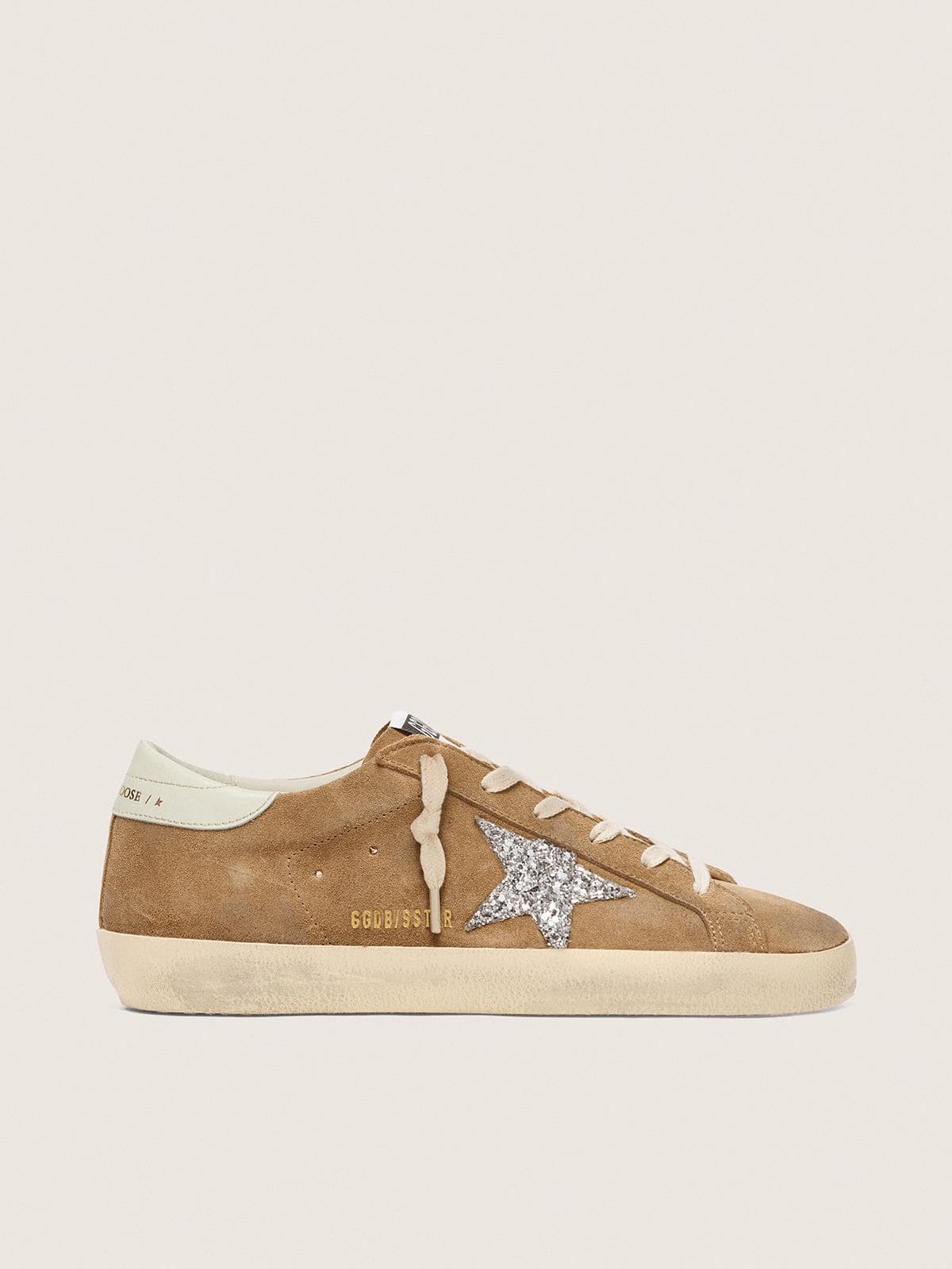 Golden Goose Super-Star Donna in Suede Tabacco con Stella Glitter Argento