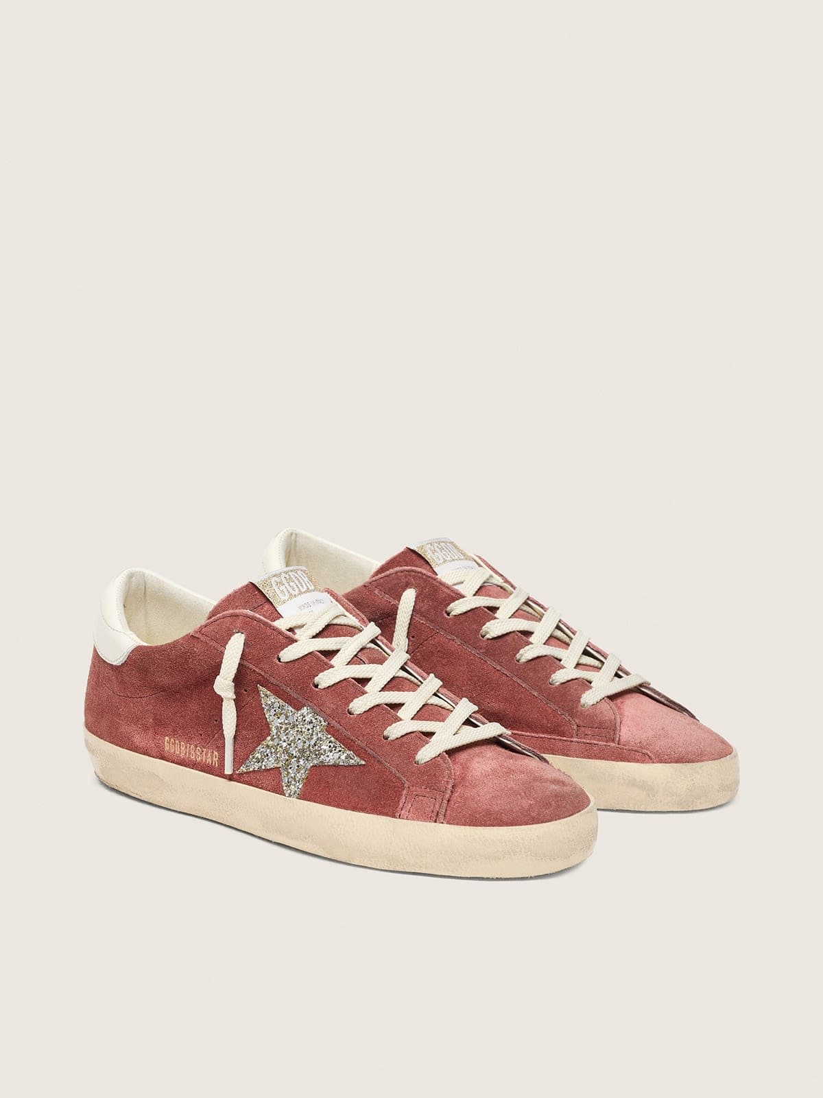 Golden Goose Super-Star Donna in Suede Rosso Ruggine con Stella Glitter Argento