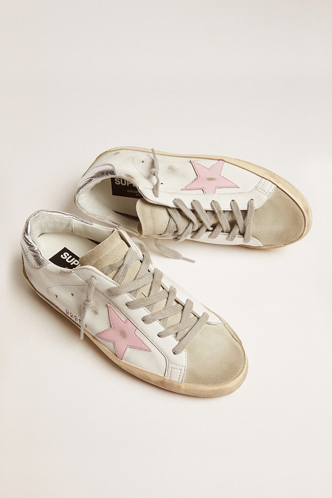 Golden Goose Super-Star Donna in Pelle con Stella Rosa e Talloncino Laminato Argento