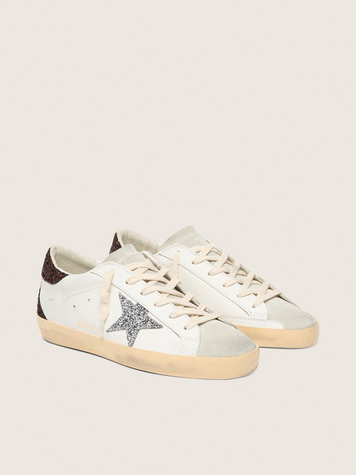 Golden Goose Super-Star Donna con Stella Glitter Argento e Talloncino in Glitter Marroni