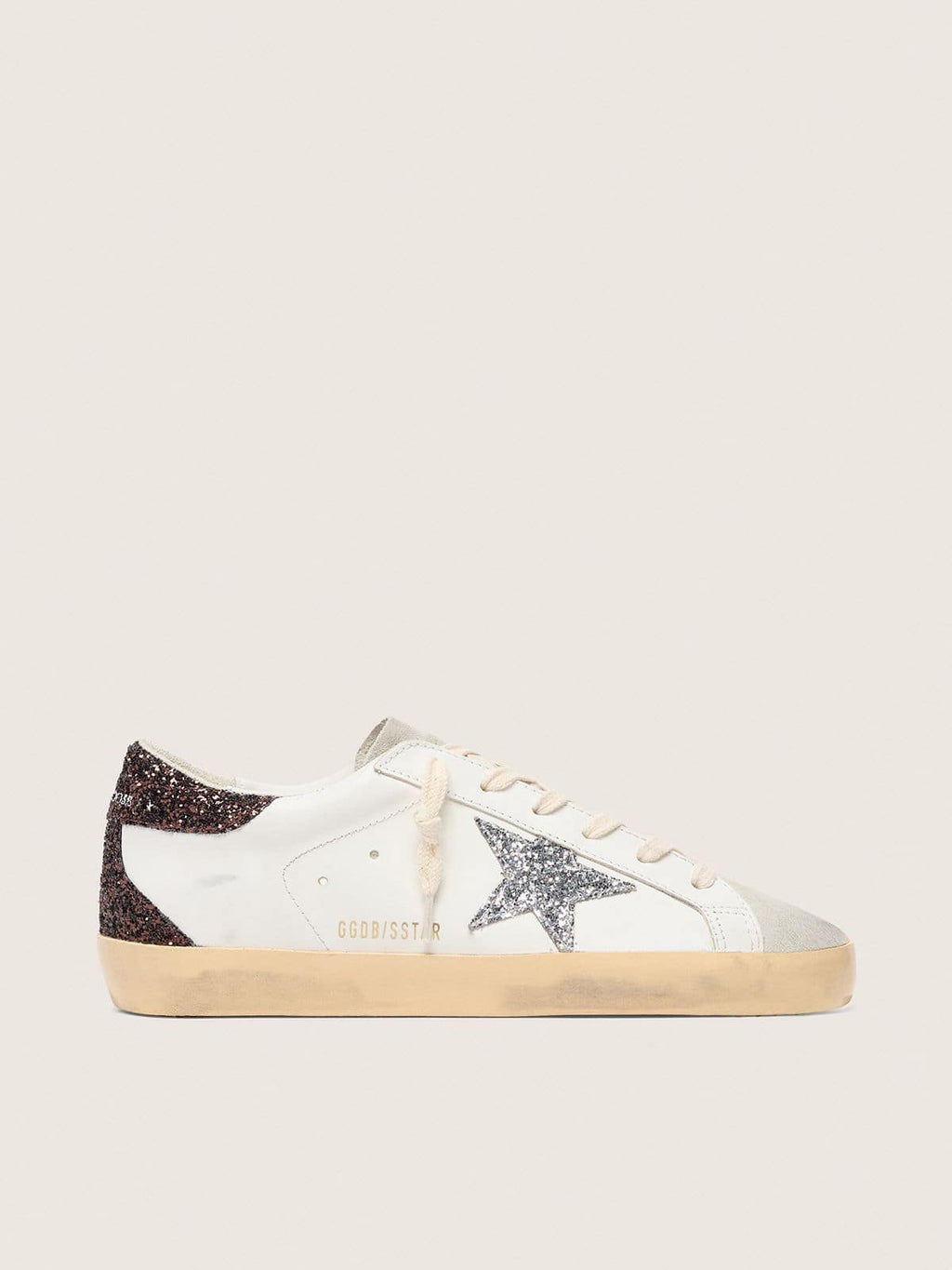 Golden Goose Super-Star Donna con Stella Glitter Argento e Talloncino in Glitter Marroni