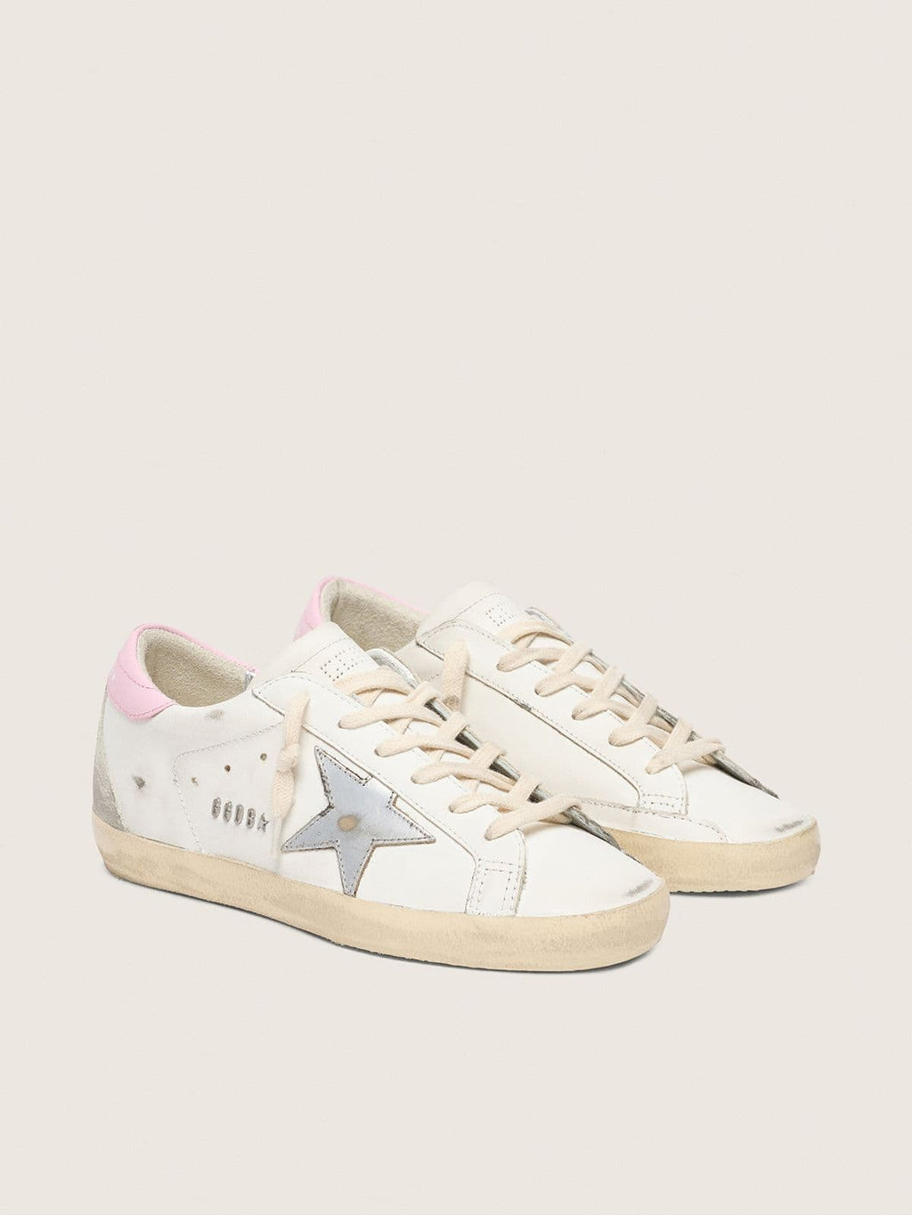 Golden Goose Super-Star Donna con Stella in Pelle Argento e Talloncino Rosa