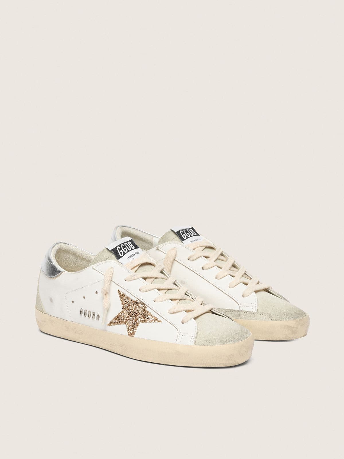NUOVO ARRIVO - Golden Goose Super-Star Donna con stella in glitter oro e inserti in suede ghiaccio